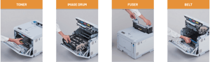OKI C650 with front panel open showing easy access to toners and drums