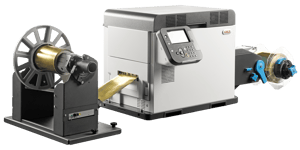 OKI Pro1050 label printer with unwinder and rewinder for roll-fed paper, film and synthetic media